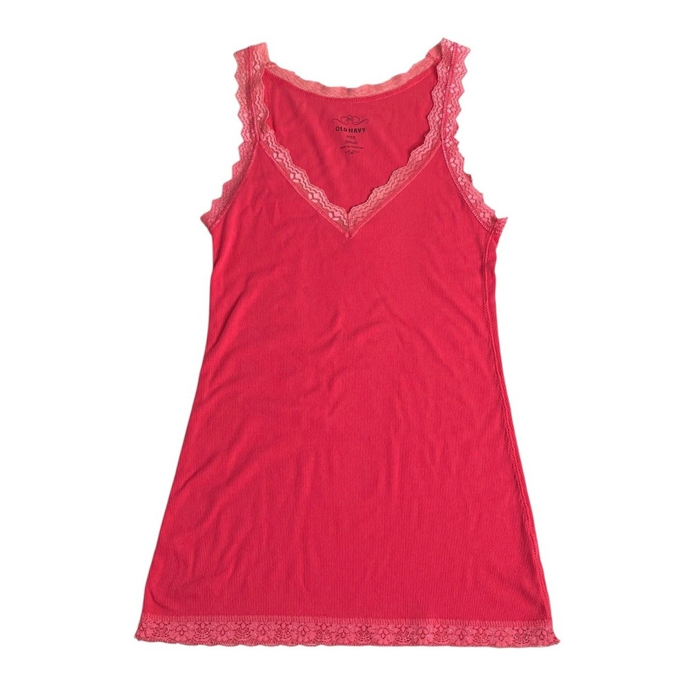 Vintage Y2K Old Navy Tank Top Womens S Pink Lace Trim Coquette Ribbed Stretch